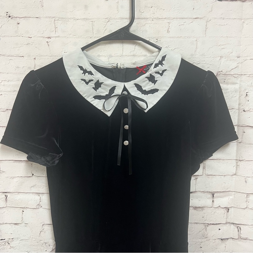 Hell Bunny Graveyard Bats Wednesday Addams Collar Black Velvet Dress Goth Small - Picture 4 of 10